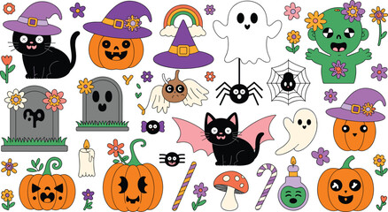 Obraz premium Cute Halloween vector sticker set with spooky pastel cartoon pumpkins black cats ghosts zombies and witch hats isolated on white background