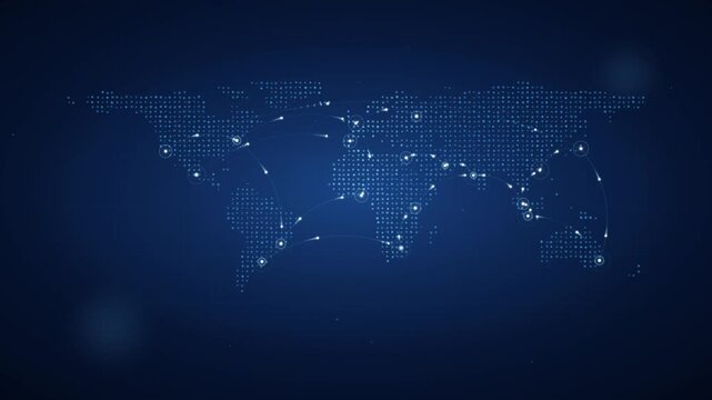 Global world map network illustration with connecting lines and data transfer nodes