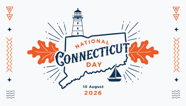 Graphic design celebrating national connecticut day with map and lighthouse icons