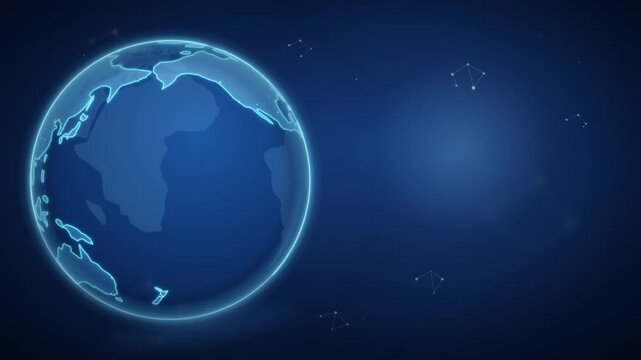 Futuristic digital blue earth globe rotating continuously on dark background loop