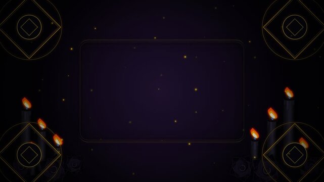 Elegant dark Halloween frame with glowing candles, golden geometric corners, floating particles, and empty copy space.