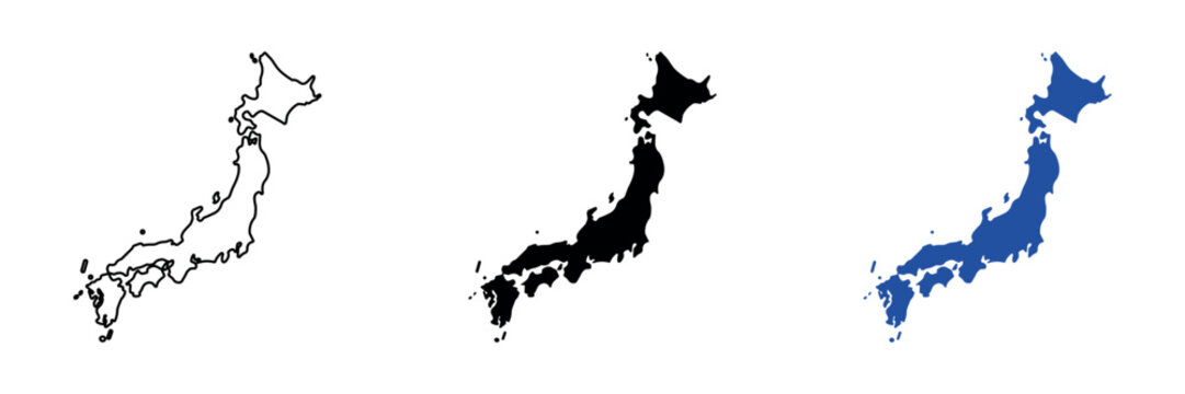 Outline and silhouette maps of the Japanese archipelago on a white background