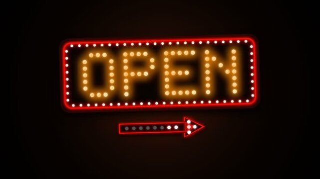 Glowing vintage OPEN marquee sign with bright bulbs and a red arrow on a dark background for shops and businesses.