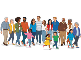 Obraz premium Multi-generational diverse group of people walking together in a supportive community