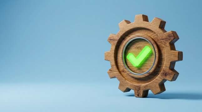 Wooden gear wheel with a glowing green check mark symbol representing successful task completion and efficiency
