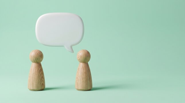 Two wooden peg dolls standing and talking to each other with a blank white speech bubble on a light green background