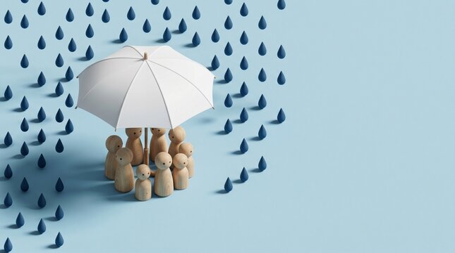Group of people standing together under a large white umbrella protecting them from falling blue rain drops