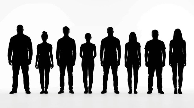 A lineup of diverse human silhouettes, featuring both men and women, demonstrating different body types and statures against a stark white background