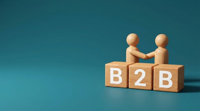 Two wooden figures shaking hands on top of wooden blocks with the text b2b representing business partnership