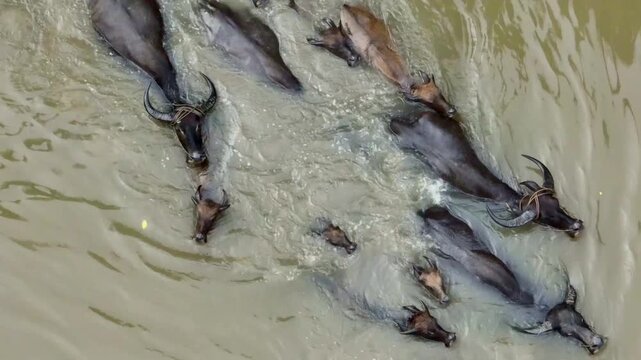 Aerial view of water buffalo herd swimming across a river in rural Vietnam