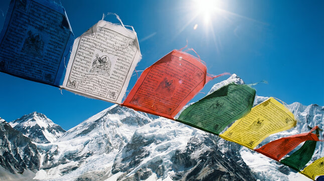 Colorful Tibetan prayer flags blowing in wind against snow capped Himalayan mountains