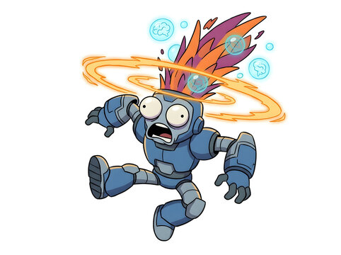Robot exploding with brains and sparks flying, shocked expression.