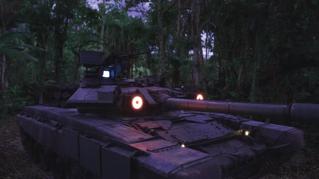 Dusk tank in dense jungle clearing, armored vehicle on covert reconnaissance, low headlights cutting through mist, worn camouflage paint, mudsplattered tracks,
