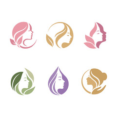 Obraz premium Minimalist Beauty Salon Woman Face Logo Collection with Leaf Elements Vector Set
