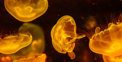 Group of glowing golden jellyfishes swimming underwater in dark ocean backdrop © Minakryn Ruslan 