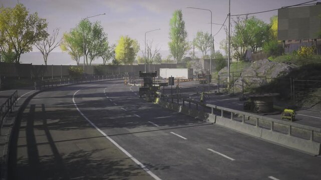 Barrier installation near concrete overpass and ramp, workers absent but machinery aligned, staged cones and fencing define restricted lane and active urban