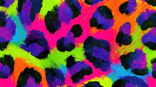 Vibrant abstract leopard print with neon hues of pink, purple, green, blue, and orange