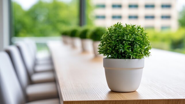A small green plant in a white pot sits on a wooden table, lined with chairs