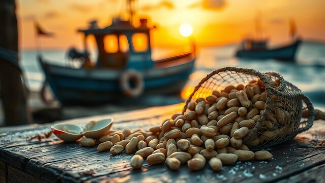  crab claw lies among spilled peanuts and a woven net on a weathered wooden dock, warm golden-hour light illuminating textures while a blurred fishing boat floats on calm sea in the background.
