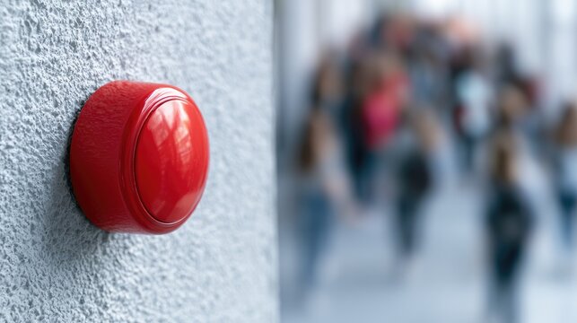 A bright red emergency button is mounted on a textured wall