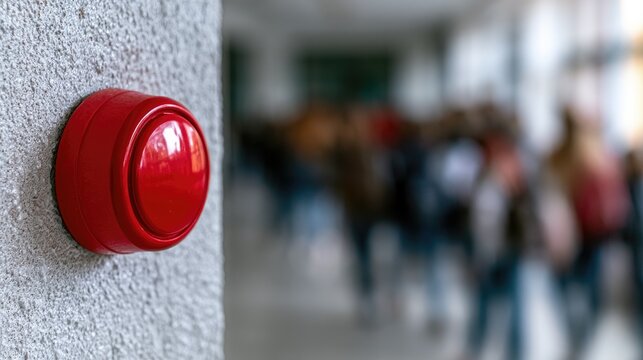 Red alarm button on textured wall, blurred crowd in hallway