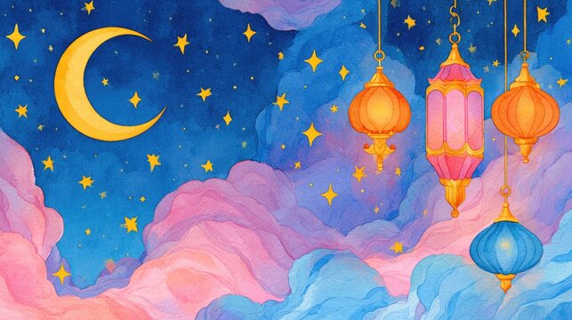 Watercolor night sky with crescent moon, stars, and ornate lanterns