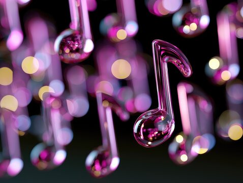 Gleaming, transparent music notes, glowing with soft pink and gold light