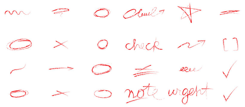 Hand drawn red chalk texture symbols set with circle underlines check marks and handwritten note urgent text