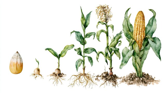 Stages of corn plant growth from seed to maturity