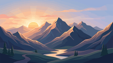 Majestic mountain range bathed in warm sunrise light, a serene valley with a winding river and lush green hills, perfect for travel and nature themes. © Mucher