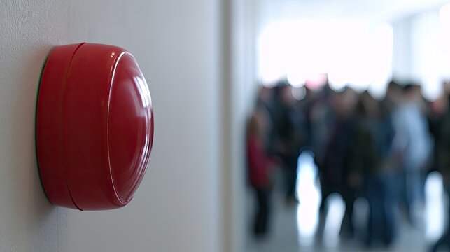 Red alarm bell mounted on wall, blurred crowd in background