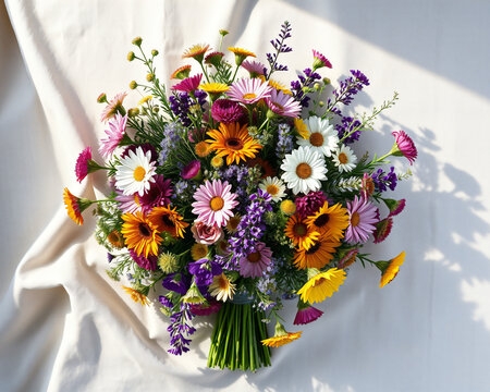 Ravissant bouquet champ&ecirc;tre multicolore de marguerites jaunes et oranges, fleurs violettes et lavande sur tissu blanc, composition florale naturelle et &eacute;clatante d'&eacute;t&eacute;