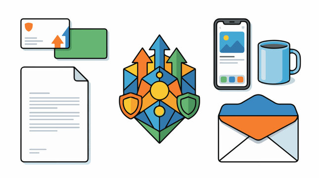 Business icons including documents mobile cup cards envelope and logo