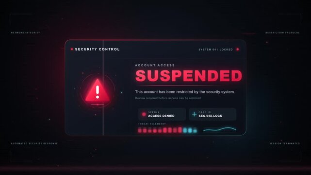 Futuristic cybersecurity interface displaying account suspended and access denied alert