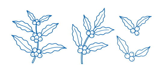 Holly Sprigs Line Art Illustration Blue Strokes On Transparent Setting berries © mdsaikat