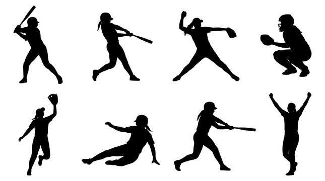 Set of baseball player silhouettes in action poses, including batting, pitching, catching, and celebrating, isolated on a white background for sport