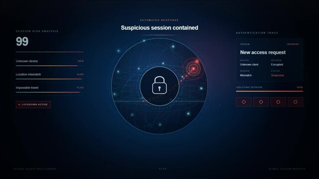 Cybersecurity interface detecting suspicious login and executing session lockdown