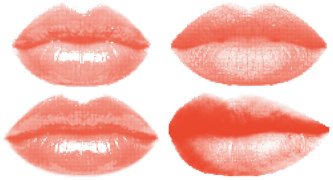 Four isolated halftone red lips illustration vector icons for beauty makeup design.