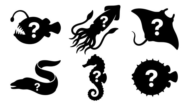 Set of six silhouette icons, unknown sea creatures with question marks, stylized marine life, for game or educational design