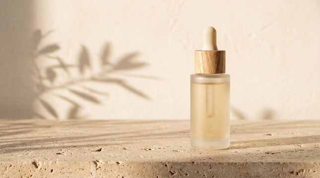 Dropper bottle of oil on neutral stone background with shadows  