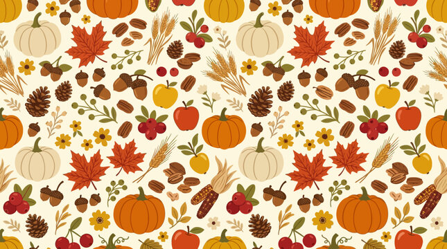 A vibrant arrangement of seasonal fall elements like pumpkins and leaves are scattered across the surface.