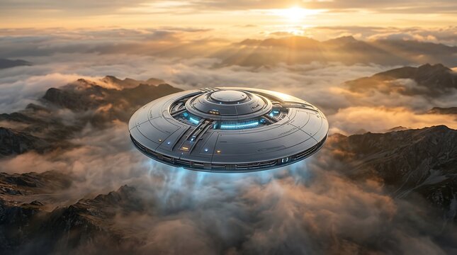 A mysterious advanced flying saucer with glowing propulsion hovers above a dramatic mountain range, partially hidden by swirling clouds under a stunning sunrise, hinting at an unknown presence