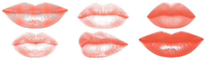 Fototapeta premium Set of halftone lips from various angles, vector illustration of mouth expressing different emotions.