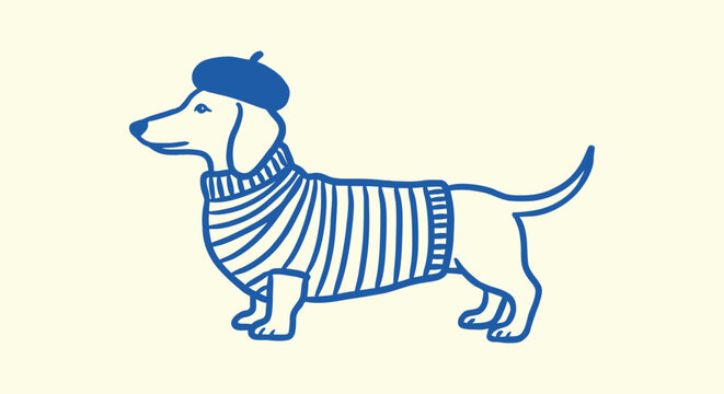 Line art illustration of a dachshund wearing a beret and striped sweater
