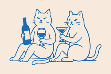 Line Illustration Of Cats With Wine Bottle And Glasses feline kitten © mdsaikat