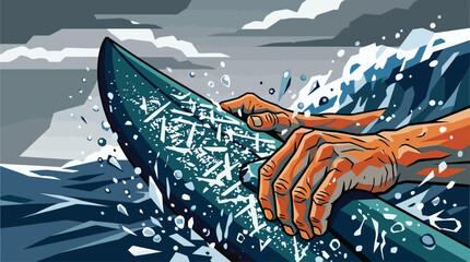 Surfer Hands Gripping Surfboard in Crashing Ocean Wave, Dynamic Action Shot, Extreme Sports Illustration, Lifestyle Concept © Mucher