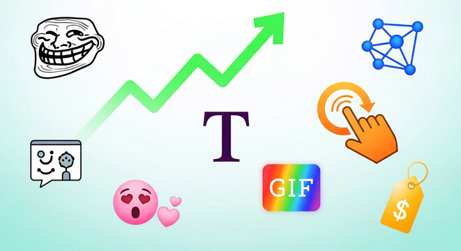 Collection of internet meme, graph, click, emoji and price tag icons. Represents online communication, trends, and commerce.