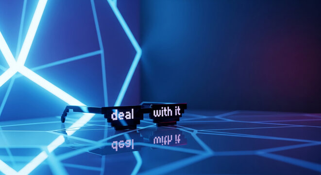 Pixelated sunglasses with "deal with it" text on a reflective surface, surrounded by neon blue geometric light. Symbolizes a bold, modern attitude.