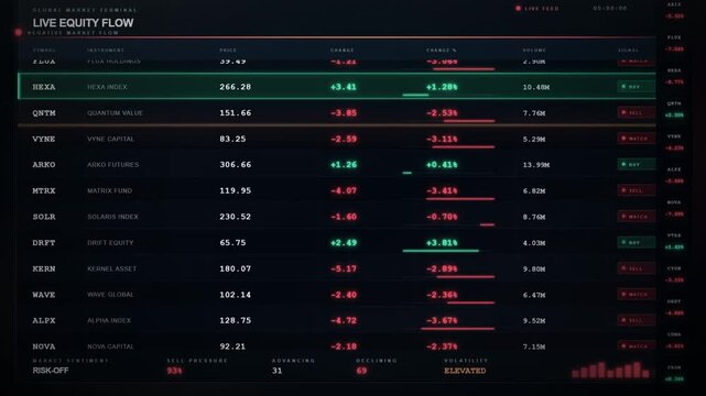 Live equity flow dashboard displaying global market terminal data and volatile stock prices
