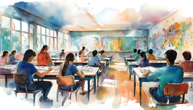 Students studying in a sunlit classroom